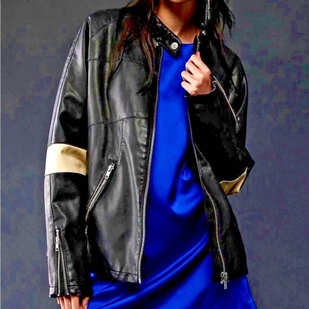 We The Free People Ryder Sport Vegan Leather Motor Jacket Black Zip Size L or XL